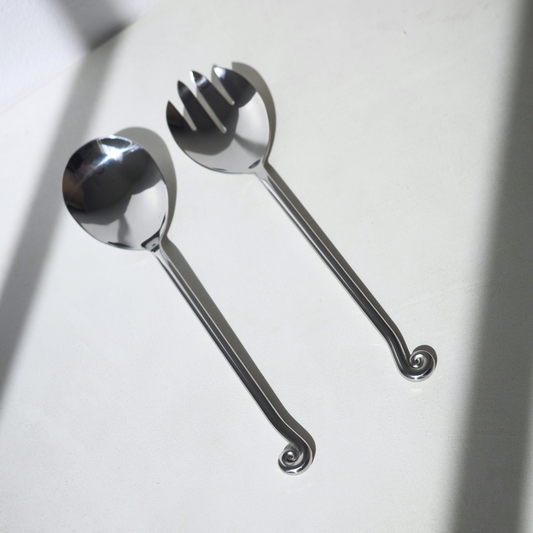 Stainless steel salad servers with a spiral twisted end