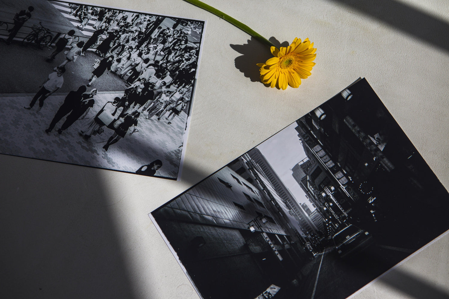 black and white photography prints on a white table